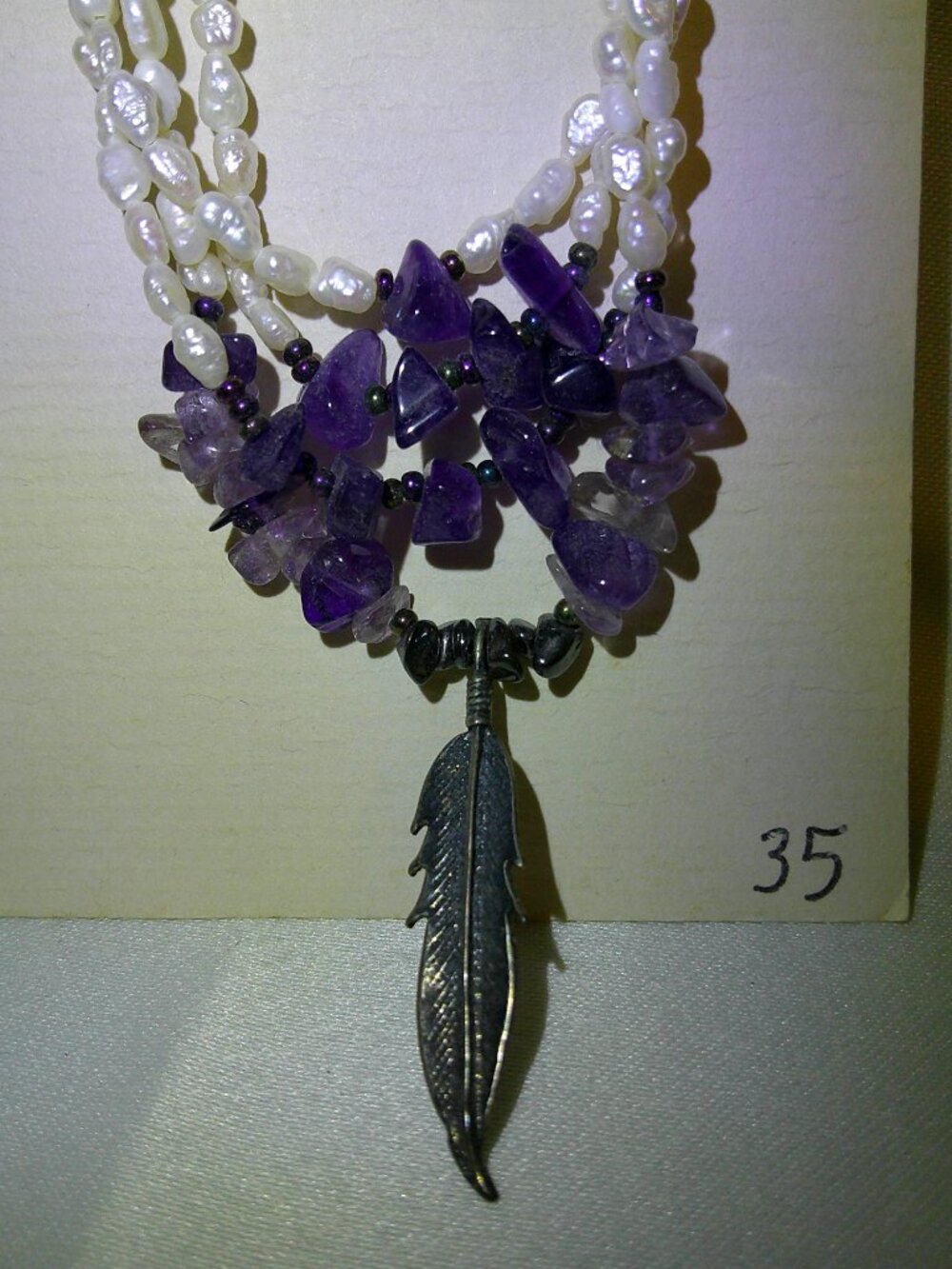 Vtg NEW Amethyst Chip Beads, Small White Pearls, Feather & Stars Lapel Pin Chain